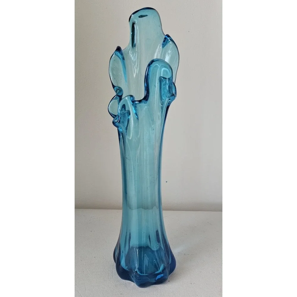 Vintage MCM Blue Swung Glass Vase 13